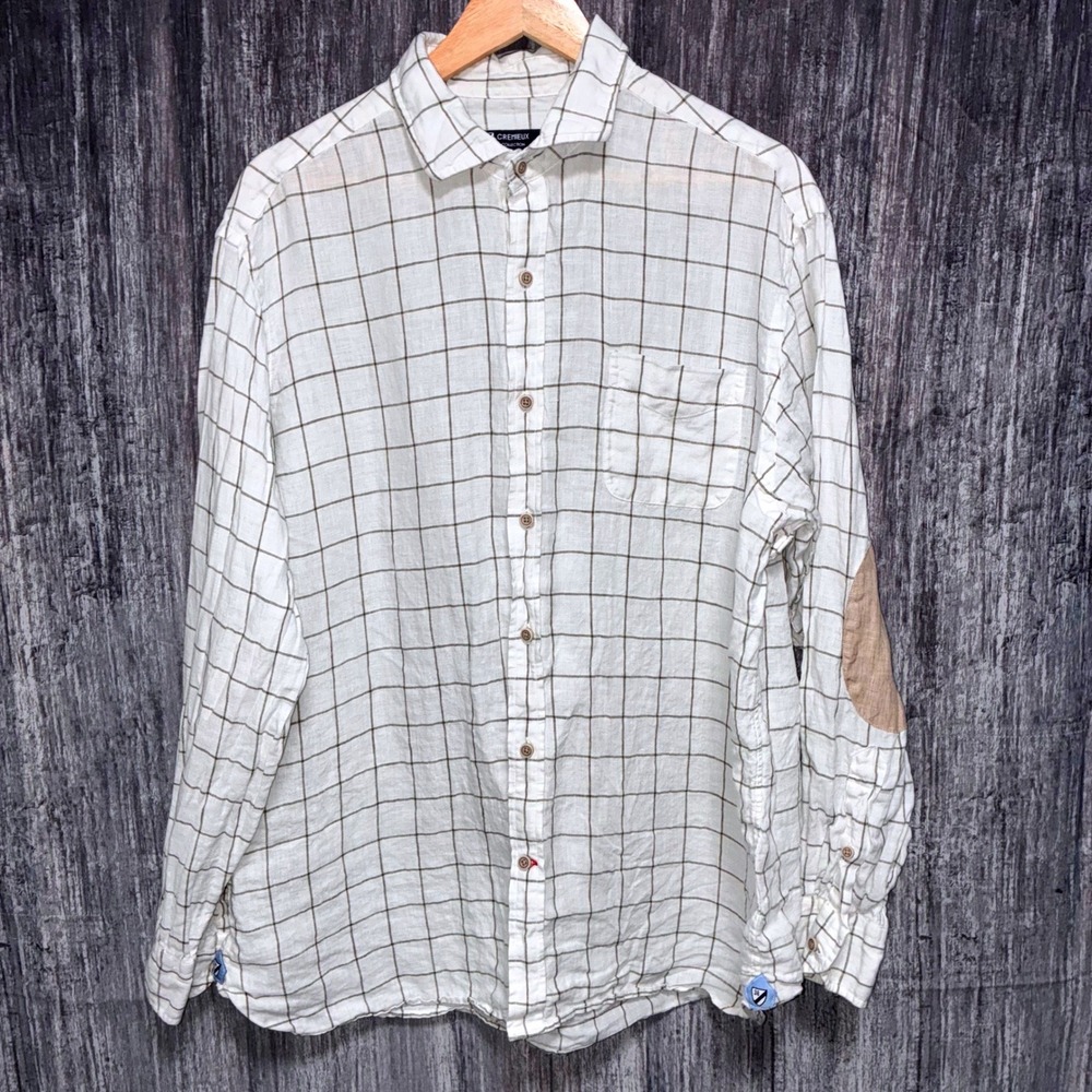 Cremieux‎ Collection 100% Linen Plaid Elbow Patch Long Sleeve Men Size XL
